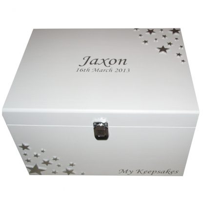 White XL Painted Keepsake Box Unisex Personalised silver stars silver lettering