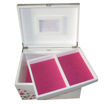 White Painted XL Keepsake Box open with magenta pink felt and frame compartment tray