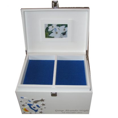 White XL Painted Keepsake Box open with frame and compartment tray royal blue felt