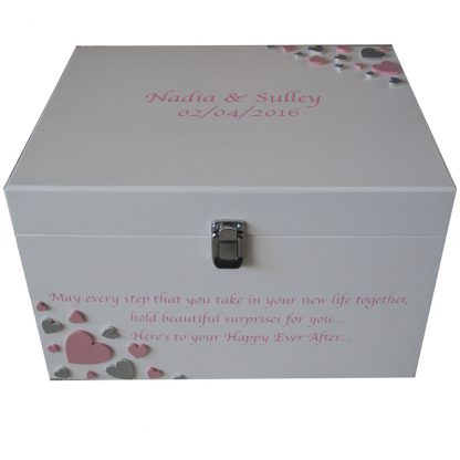 White XL Painted Romantic Keepsake Box with pale pink and silver hearts with clasp
