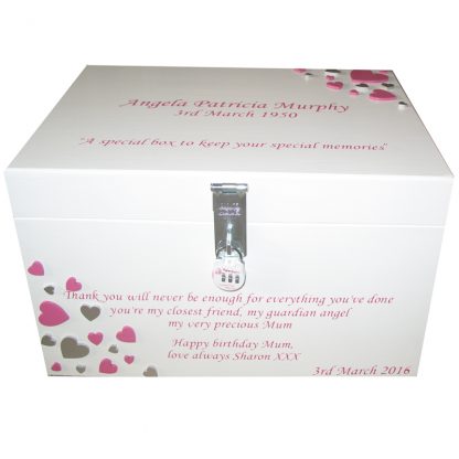 White XL Painted Keepsake Box for ladies with darker pink and silver hearts pink lettering with lock