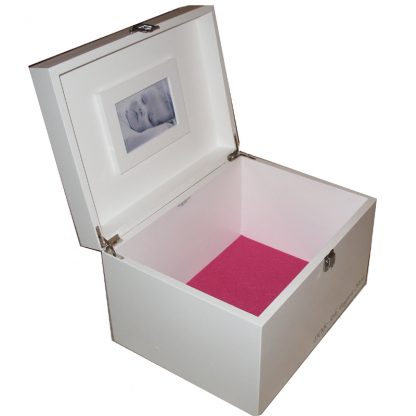 White XL Keepsake Box with magenta pink felt and frame