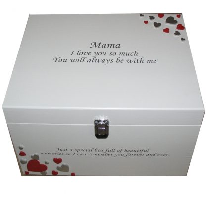 White XL Painted Keepsake Box with red and silver hearts silver lettering