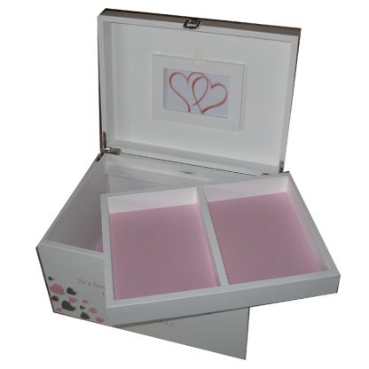 White XL Personalised Keepsake Box with tray hearts and pale pink