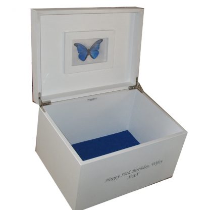 White XL Storage Keepsake Box open with frame and royal blue felt on the inside base