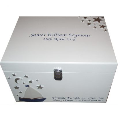 White XL Painted Keepsake Box with silver stars, silver lettering and sailing boat with clasp