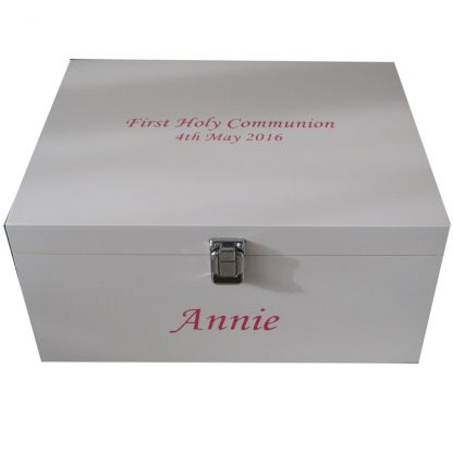 White Keepsake Box with dark pink lettering name First Holy Communion