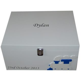 White Baby Keepsake Box with train and name date