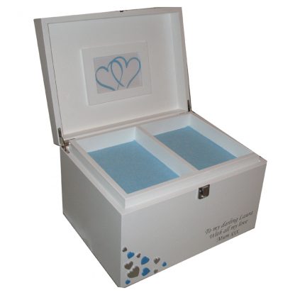 White xl Painted Keepsake Box with blue and silver hearts open with tray pale blue felt.