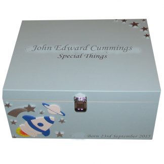 Pale Blue Keepsake Box for boys with rocket, planet and stars