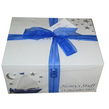 White Keepsake Box with Blue Sailing Boat Gift Wrapped