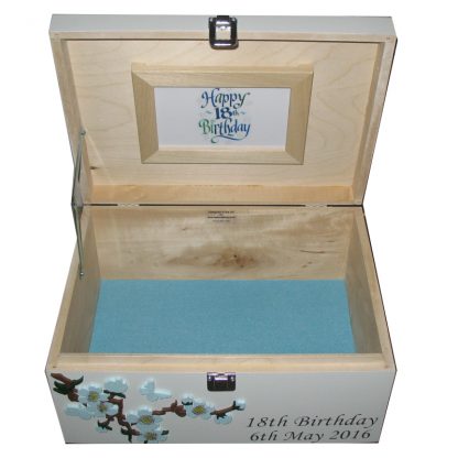 18th Birthday Keepsake Box open with frame and pale blue felt and flowers