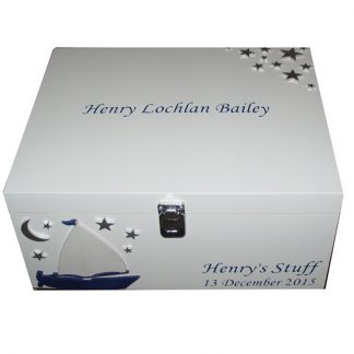 White Childs Keepsake Boxes with Sailing Boat and stars blue lettering