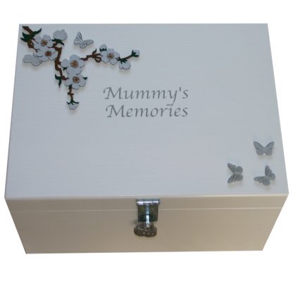 Lockable Silver Spray of Flowers White Wooden Memory Box