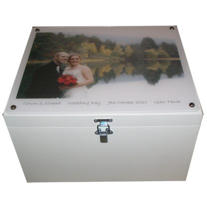 White XL Wedding Keepsake Storage Box with Collage of photographs on the lid