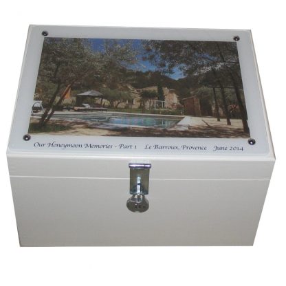 White Wooden XL Wedding Keepsake Box with Photo on Acrylic and lock