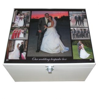 White XL Wedding Keepsake Storage Box with Collage of photographs on Acrylic on the lid