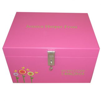 Girls Lockable Personalised XL Keepsake Storage Box with Funky Flowers in Magenta Pink
