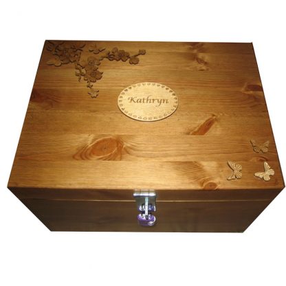 Personalised Natural or Rustic Pine XL Memory Storage Keepsake Box varnished Spray of Flowers close up