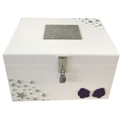 White Pet Memorial Memory XL Wood Box Personalised with Swarovski Crystals