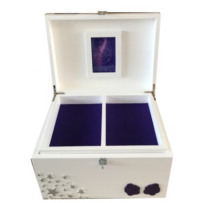 White Pet Memorial Memory XL Wood Box Personalised, Paws, Stars, Swarovski Crystals & Plaque