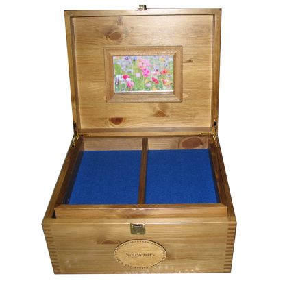 Rustic Pine Keepsake Box open with tray and frame