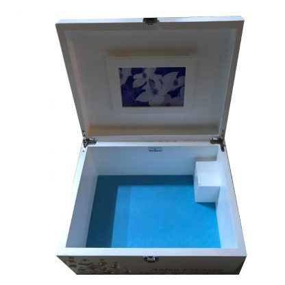 White Baby Keepsake Box open pale blue felt music box frame painted inside