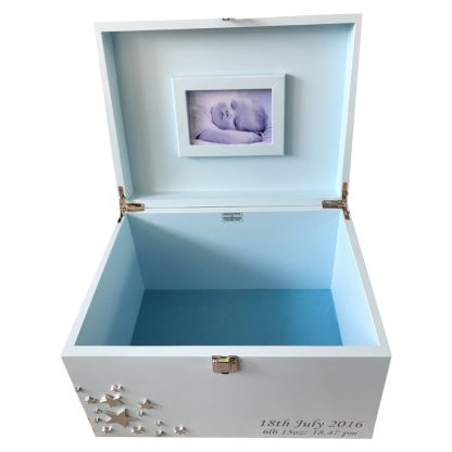 Personalised Blue XL Keepsake or Memory Box for boys with silver stars - sailing boat, lockable or clasp