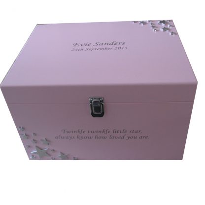 Personalised Pale Pink XL Wooden Memory Box for girls with silver stars