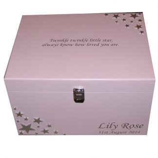 Personalised Pale Pink XL Wooden Memory Box for girls with silver stars