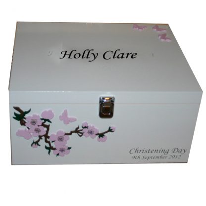 White box with Red Flowers and butterflies silver clasp silver lettering