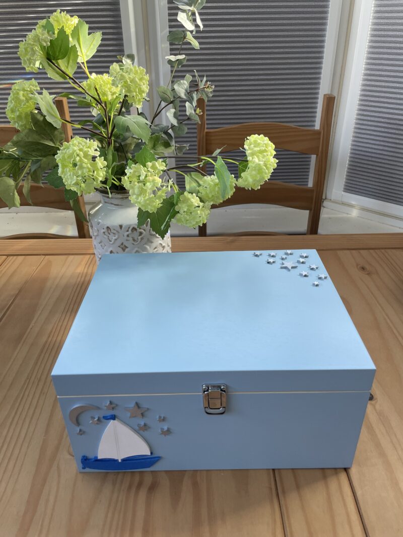 Blue Wooden Keepsake Memory Box with sailing boat and stars