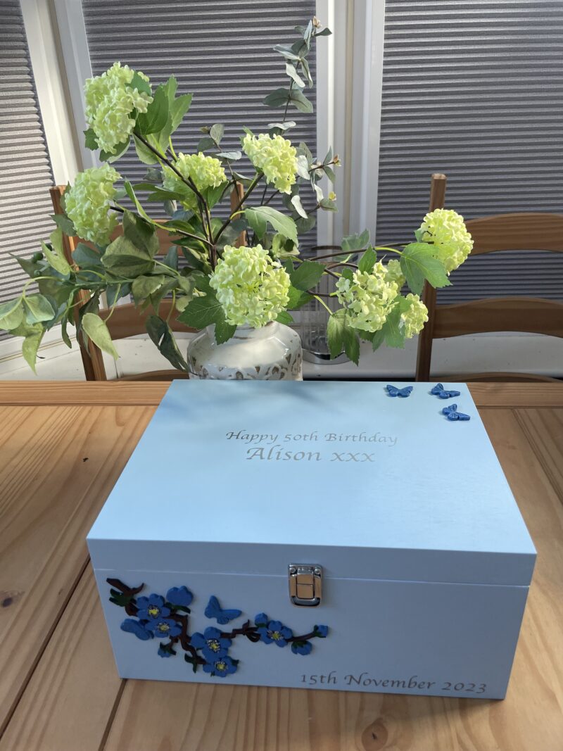 Blue Wooden Keepsake Memory Box with spray of flowers and butterflies